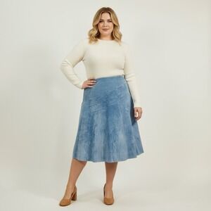 Alice Blue Women XL Blue Leather Suede Paneled A-Line Midi Skirt 97-79861